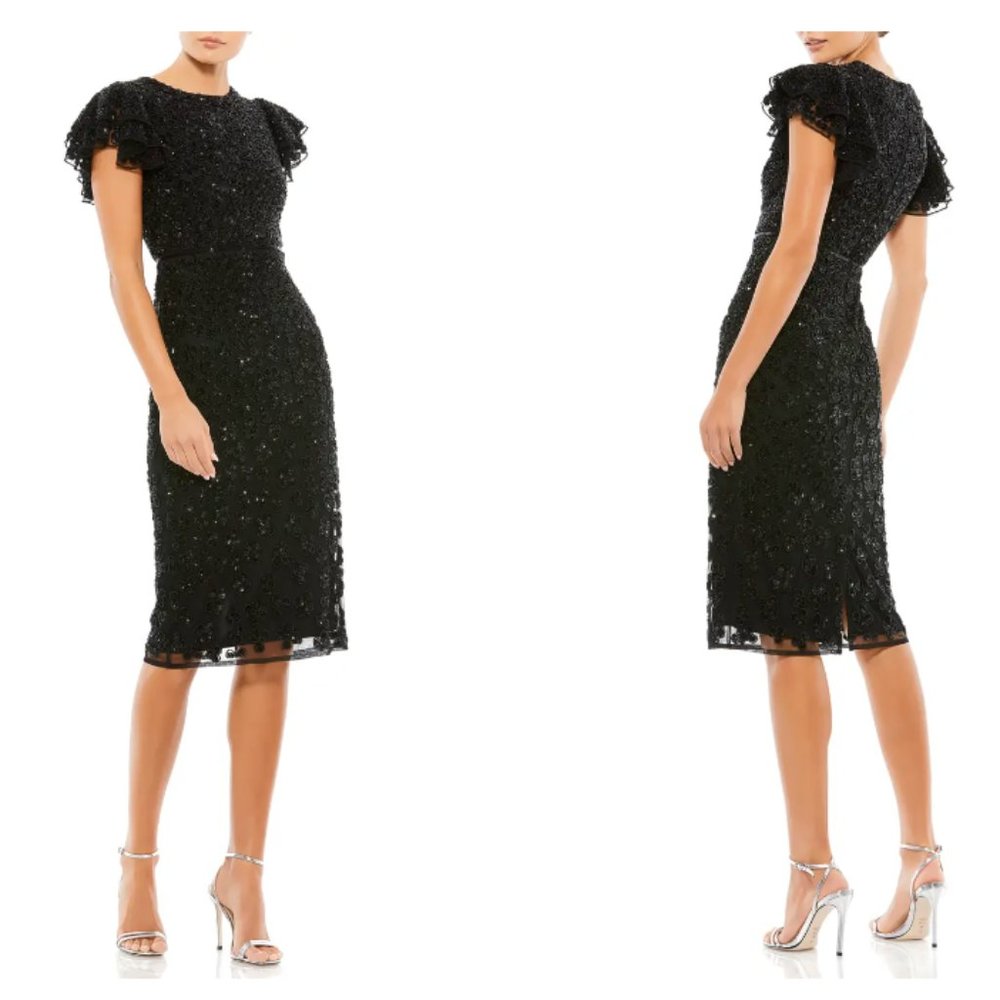 MAC DUGGAL BEADED FLORAL RUFFLE SLEEVE SHEATH BLACK COCKTAIL MIDI DRESS sz 8